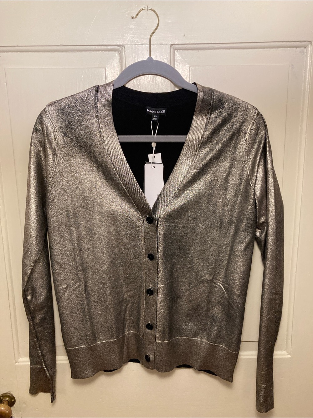 NWT Minnie Rose Silver Metallic V-Neck Button Cardigan, Size XS